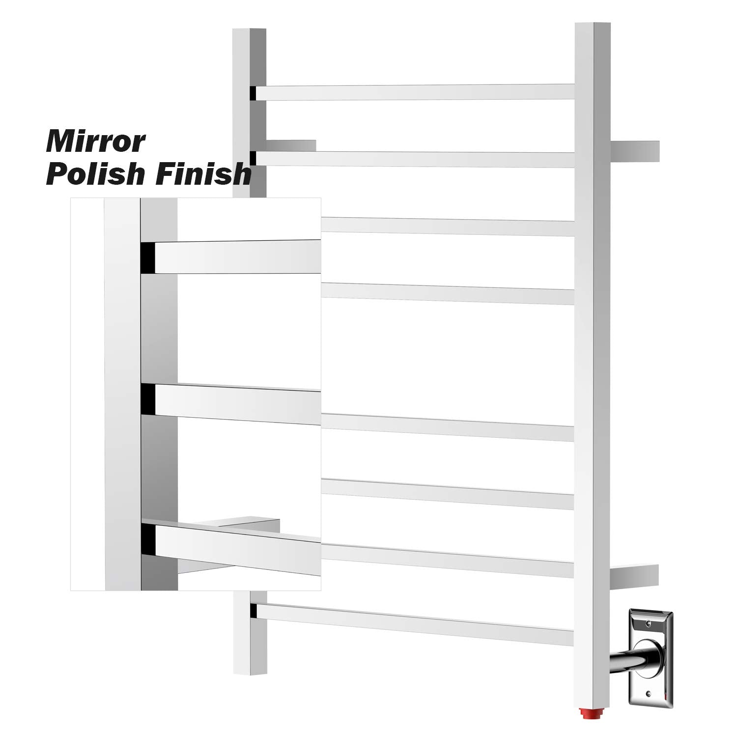 Towel Warmer 8 Square Bar 24"x32" Hardwired/Plug-in, Wall-Mounted Mirror Polish