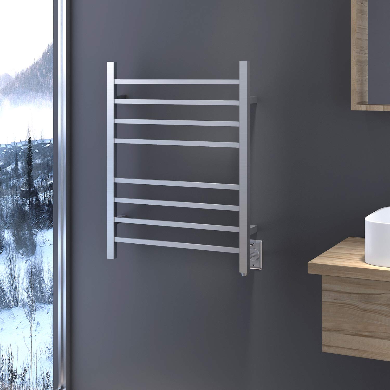 Towel Warmer 8 Square Bar 24"x32" Hardwired/Plug-in, Wall-Mounted Brushed Polish