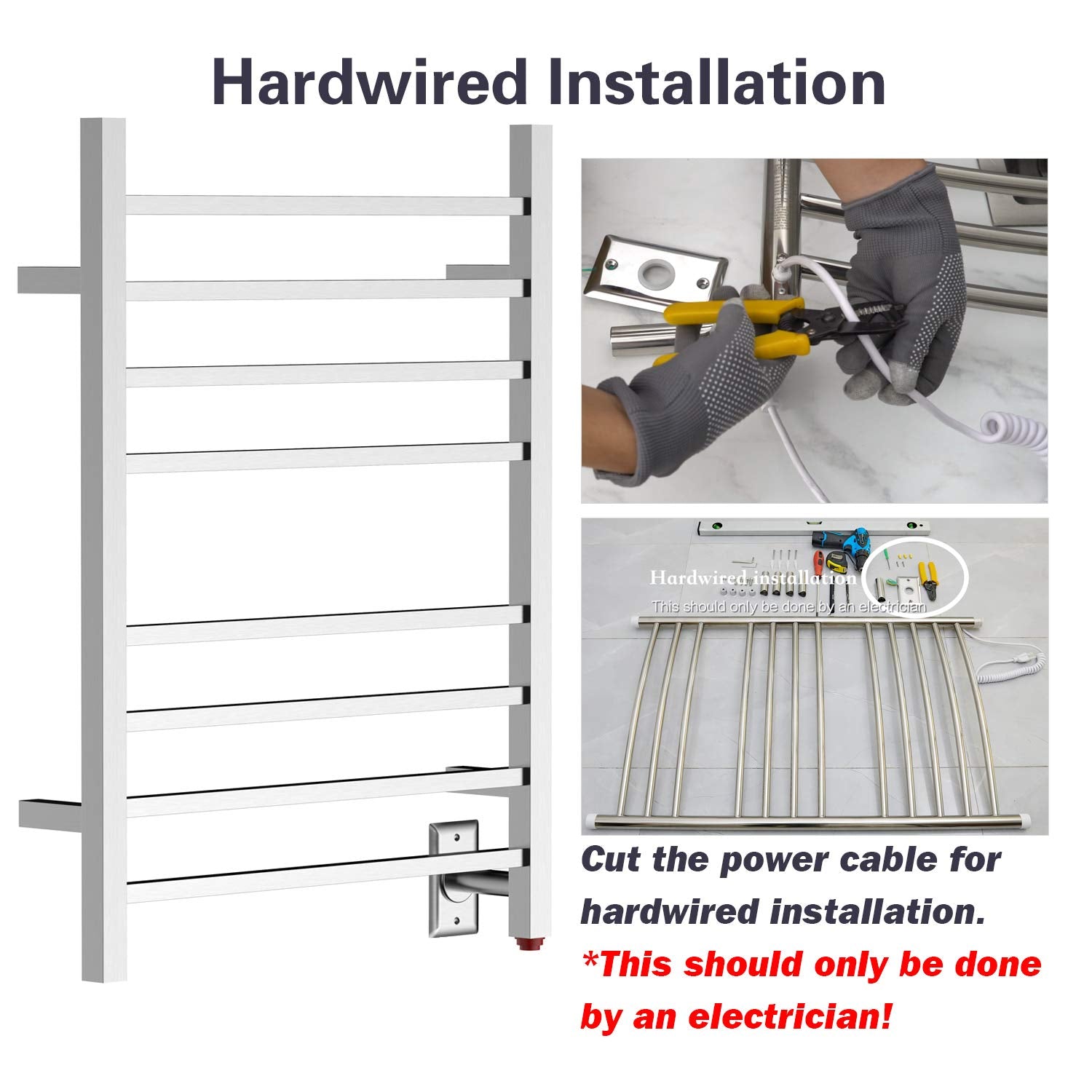 Towel Warmer 8 Square Bar 24"x32" Hardwired/Plug-in, Wall-Mounted Brushed Polish