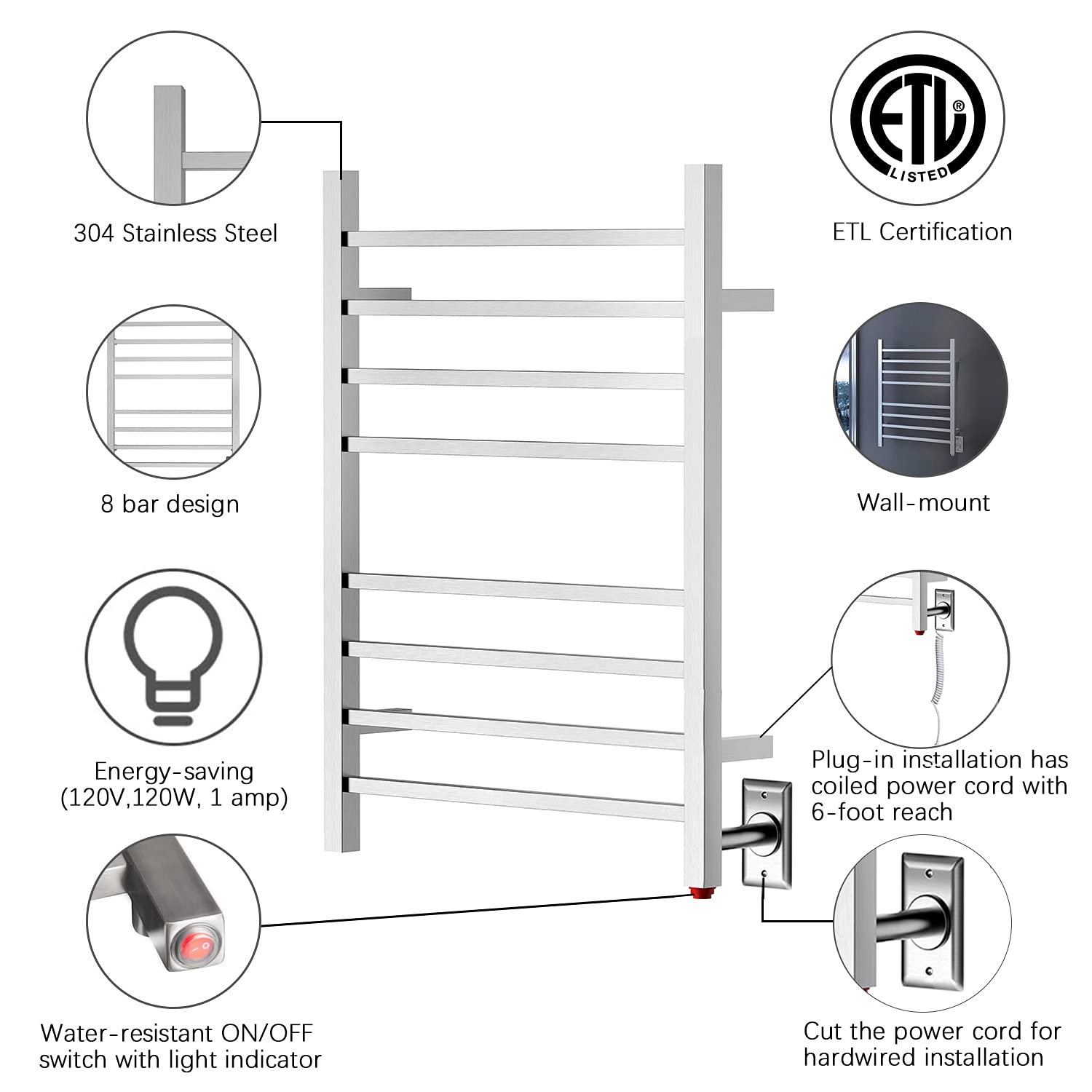 Towel Warmer 8 Square Bar 24"x32" Hardwired/Plug-in, Wall-Mounted Brushed Polish