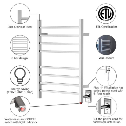 Towel Warmer 8 Square Bar 24"x32" Hardwired/Plug-in, Wall-Mounted Brushed Polish