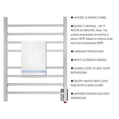 Towel Warmer 8 Square Bar 24"x32" Hardwired/Plug-in, Wall-Mounted Brushed Polish