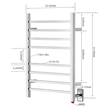 Towel Warmer 8 Square Bar 24"x32" Hardwired/Plug-in, Wall-Mounted Brushed Polish