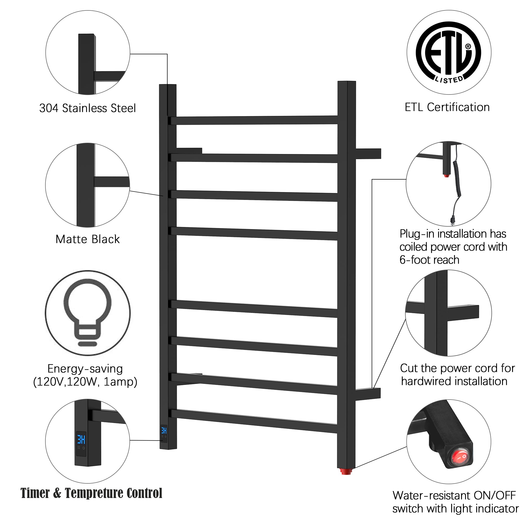 Towel Warmer 8 Square Bar 24"x32" Built-In Timer, Temperature Control, Wall-Mounted, Hardwired/Plug-In Matte Black