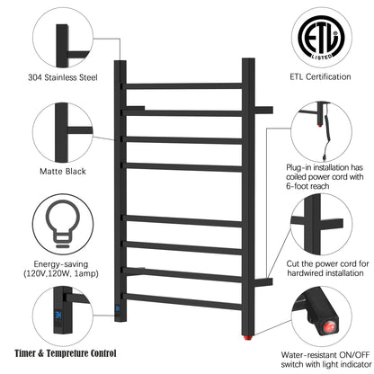 Towel Warmer 8 Square Bar 24"x32" Built-In Timer, Temperature Control, Wall-Mounted, Hardwired/Plug-In Matte Black