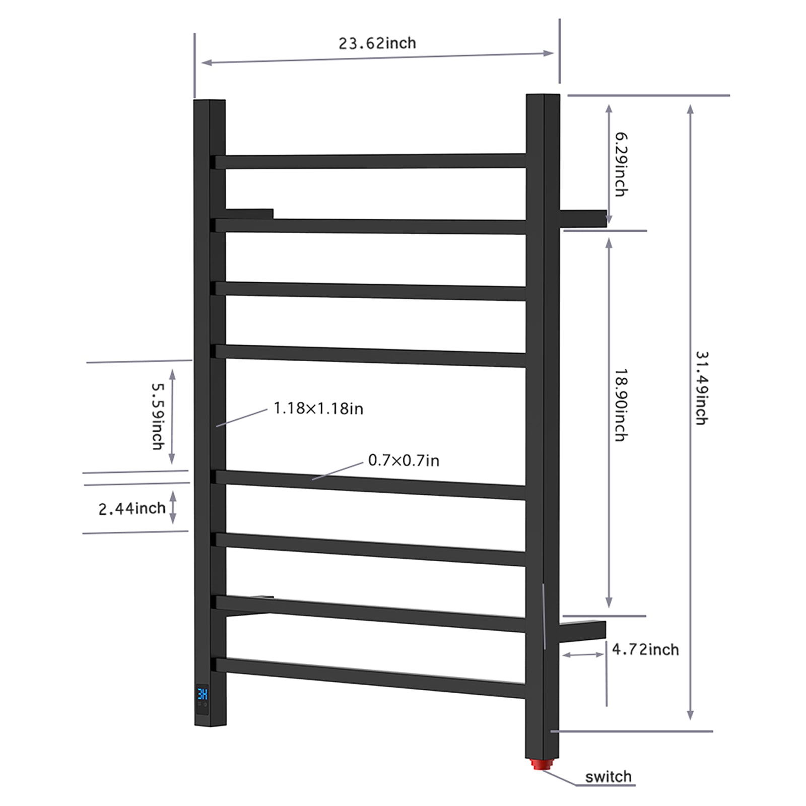 Towel Warmer 8 Square Bar 24"x32" Built-In Timer, Temperature Control, Wall-Mounted, Hardwired/Plug-In Matte Black