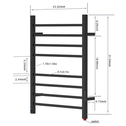 Towel Warmer 8 Square Bar 24"x32" Built-In Timer, Temperature Control, Wall-Mounted, Hardwired/Plug-In Matte Black