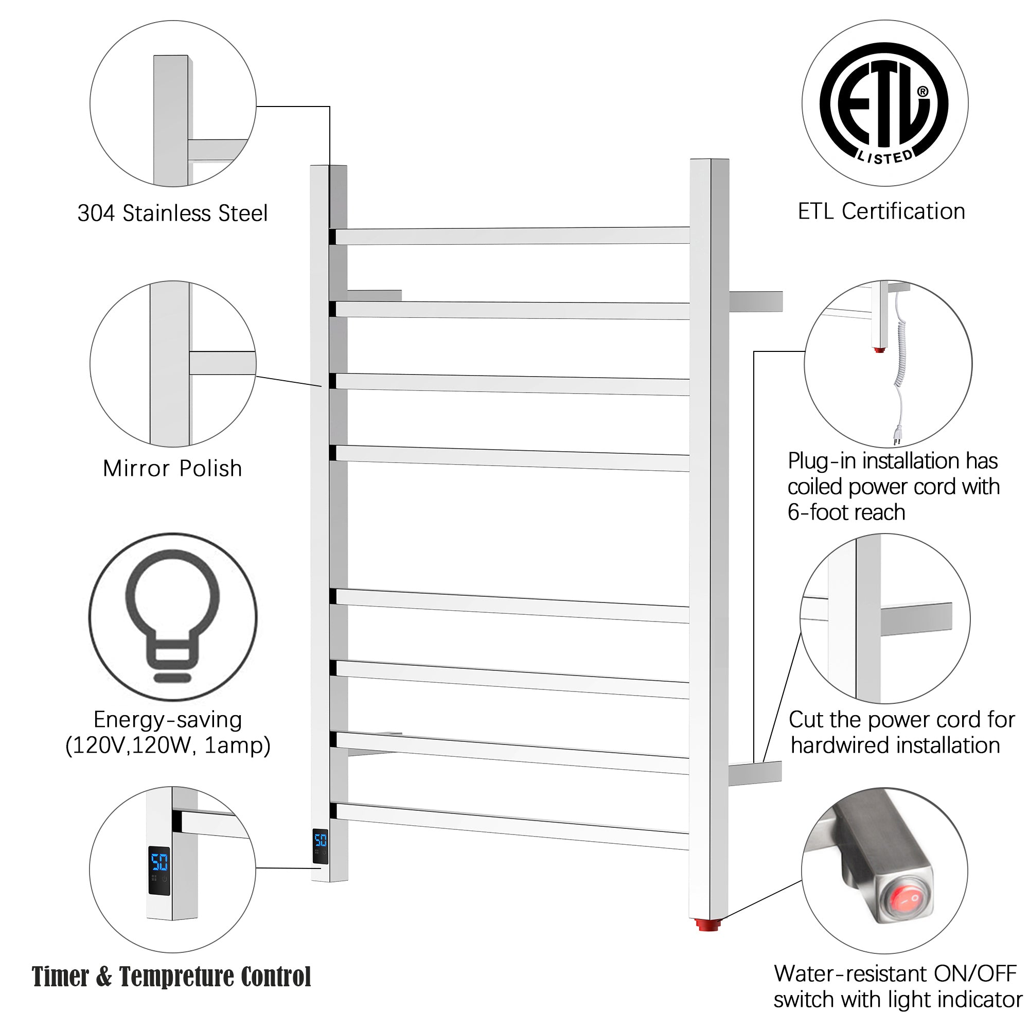 Towel Warmer 8 Square Bar 24"x32" Built-In Timer, Temperature Control, Wall-Mounted, Hardwired/Plug-In Mirror Polish