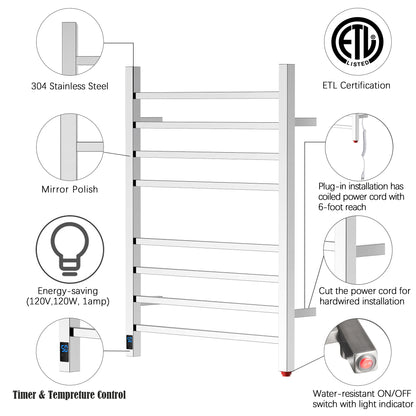 Towel Warmer 8 Square Bar 24"x32" Built-In Timer, Temperature Control, Wall-Mounted, Hardwired/Plug-In Mirror Polish