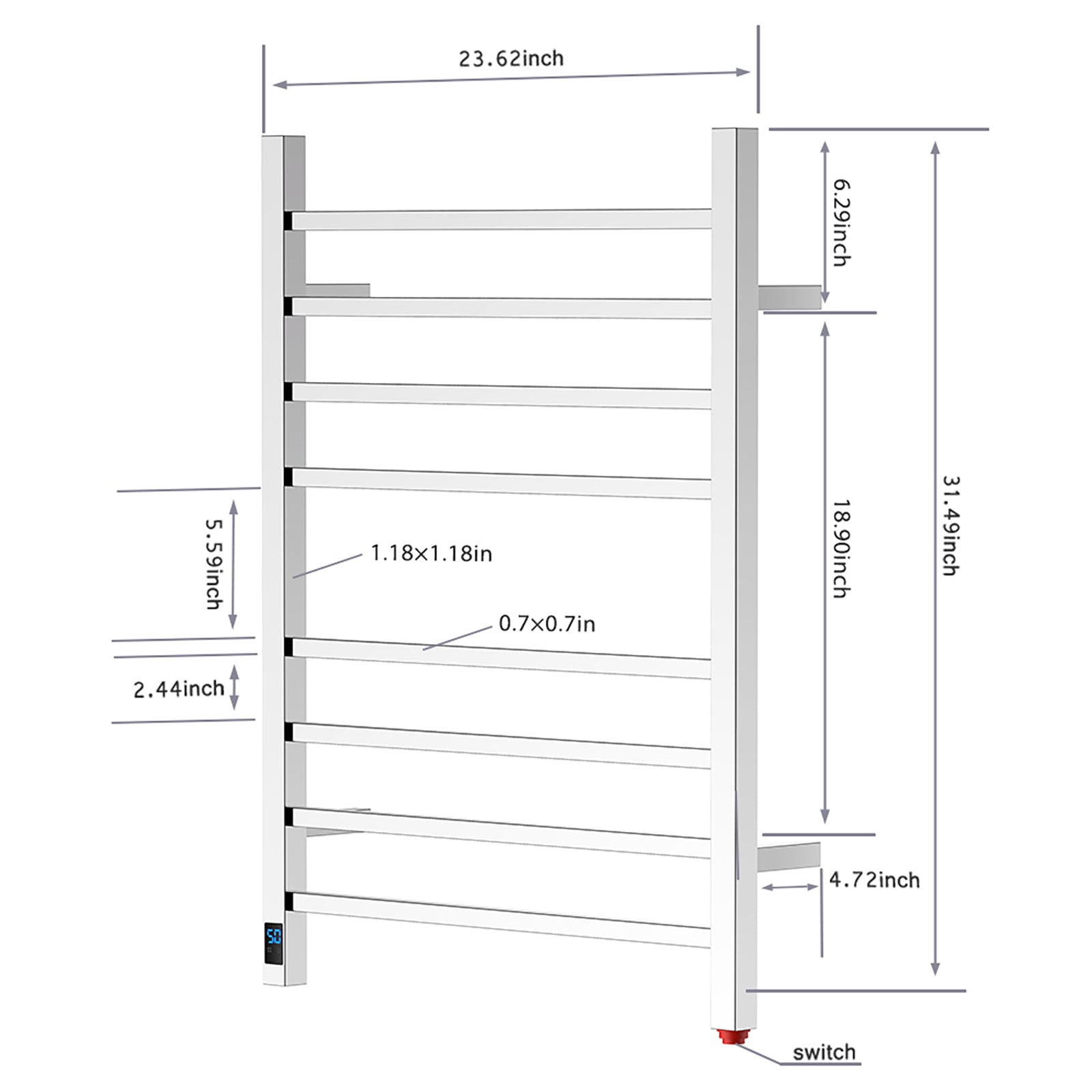 Towel Warmer 8 Square Bar 24"x32" Built-In Timer, Temperature Control, Wall-Mounted, Hardwired/Plug-In Mirror Polish