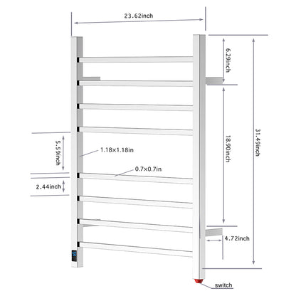 Towel Warmer 8 Square Bar 24"x32" Built-In Timer, Temperature Control, Wall-Mounted, Hardwired/Plug-In Mirror Polish