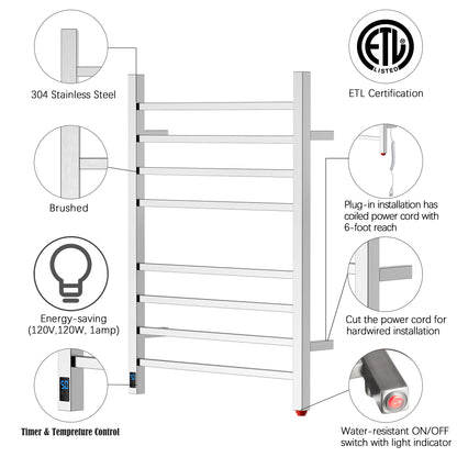 Towel Warmer 8 Square Bar 24"x32" Built-In Timer, Temperature Control, Wall-Mounted, Hardwired/Plug-In Brushed Polish