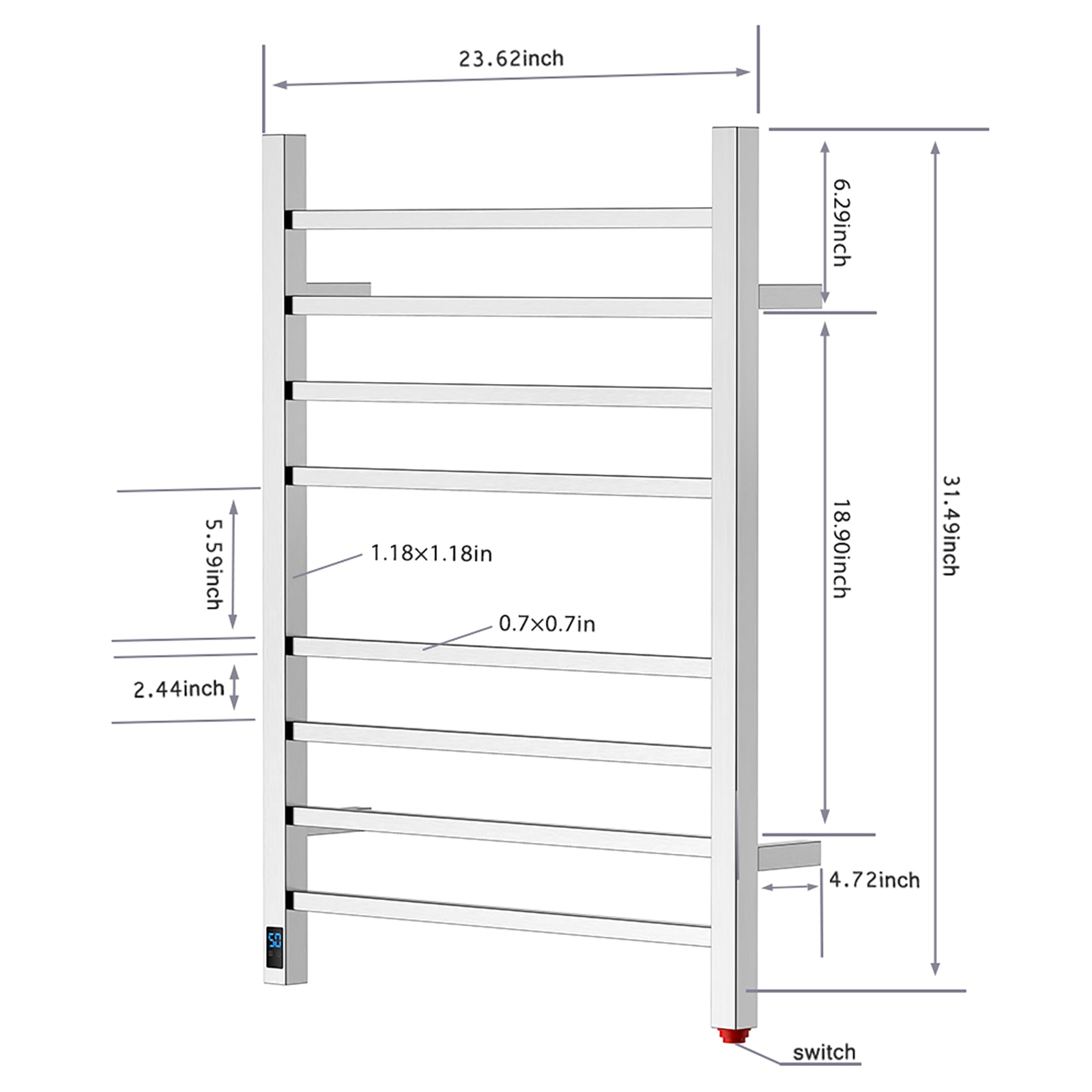 Towel Warmer 8 Square Bar 24"x32" Built-In Timer, Temperature Control, Wall-Mounted, Hardwired/Plug-In Brushed Polish