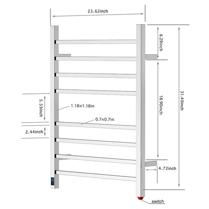 Towel Warmer 8 Square Bar 24"x32" Built-In Timer, Temperature Control, Wall-Mounted, Hardwired/Plug-In Brushed Polish