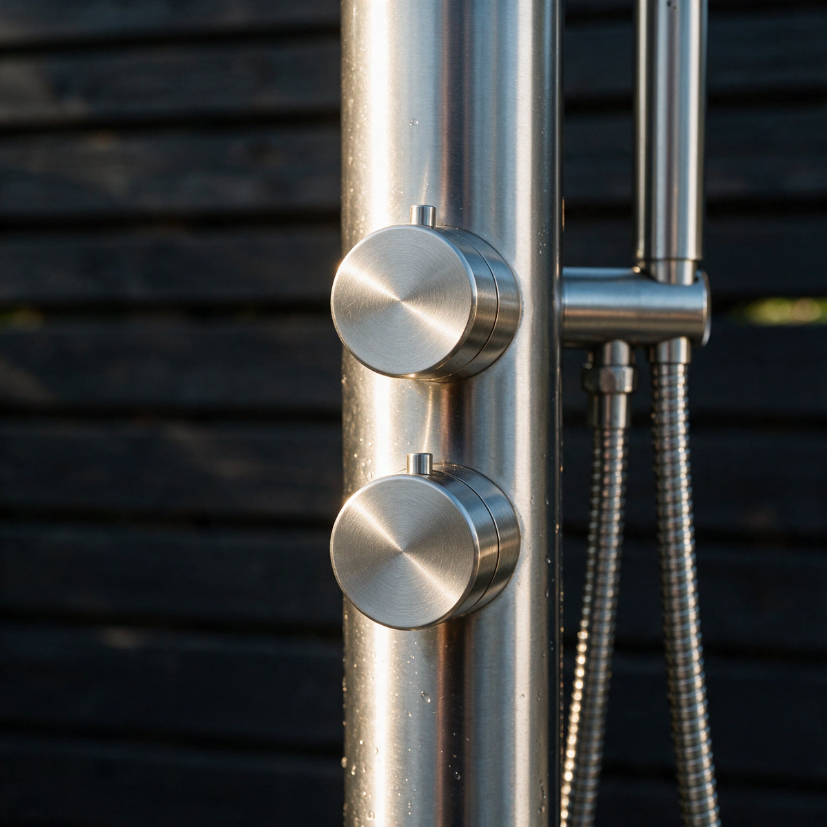 Outdoor Shower with Hot/Cold Water, Wand Hand and Foot Wash Spout Brushed