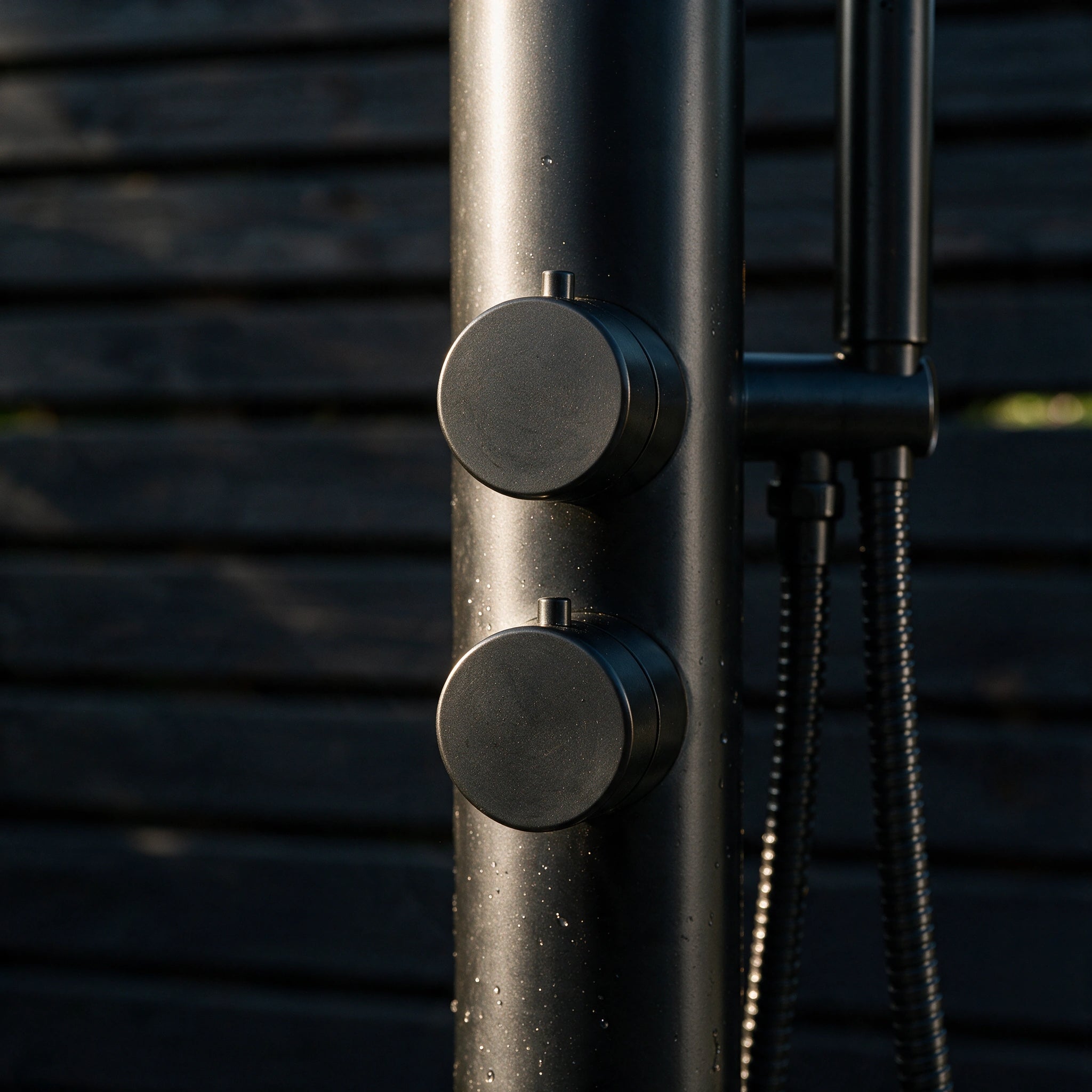 Outdoor Shower with Hot/Cold Water, Wand Hand and Foot Wash Spout Matte Black