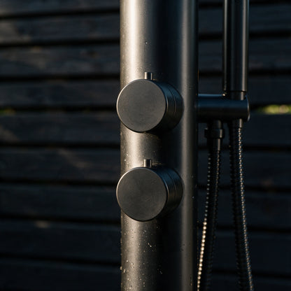 Outdoor Shower with Hot/Cold Water, Wand Hand and Foot Wash Spout Matte Black