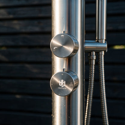Outdoor Shower with Hot/Cold Water, Wand Hand and Foot Wash Spout Brushed