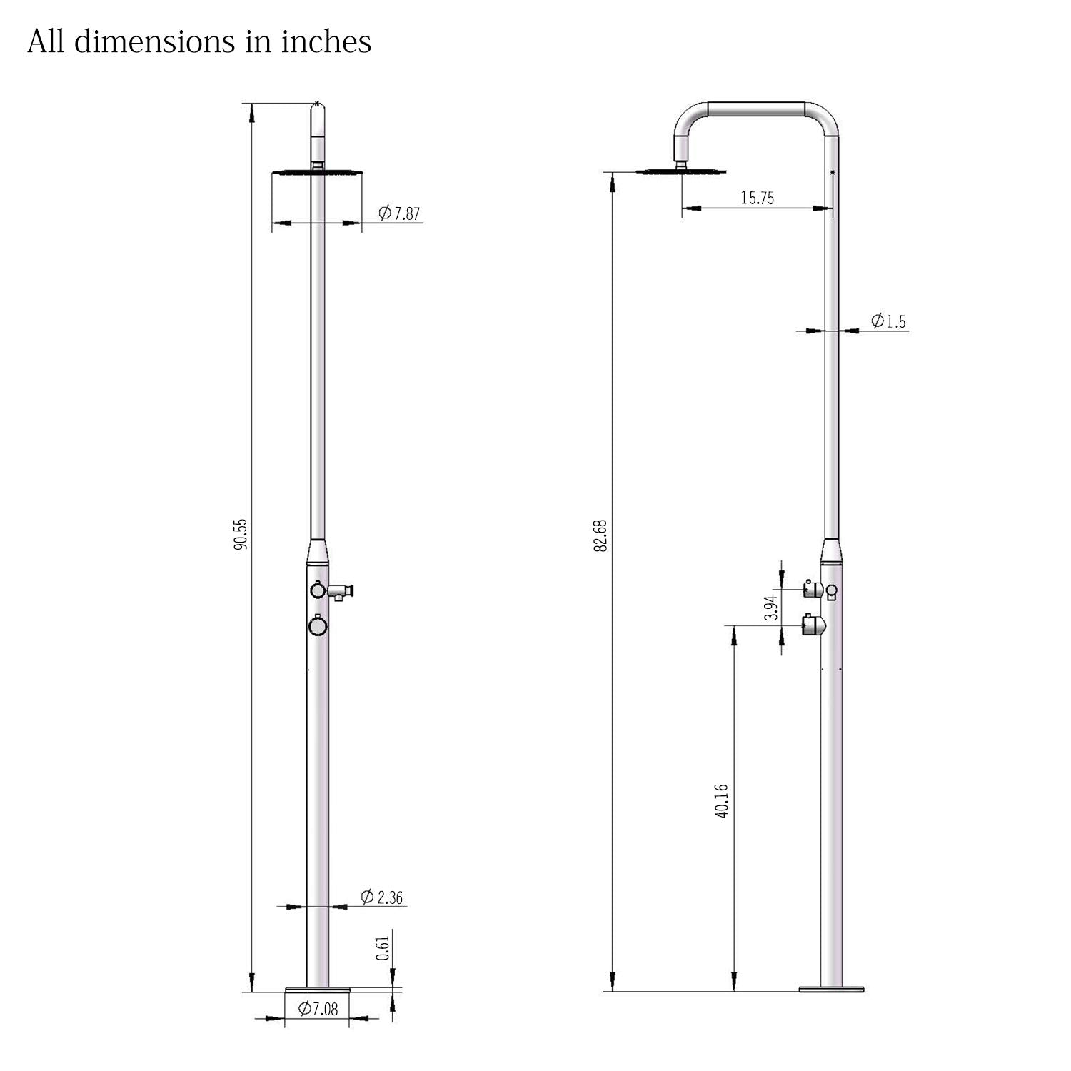 Freestanding Outdoor Shower, Stainless Steel Brushed