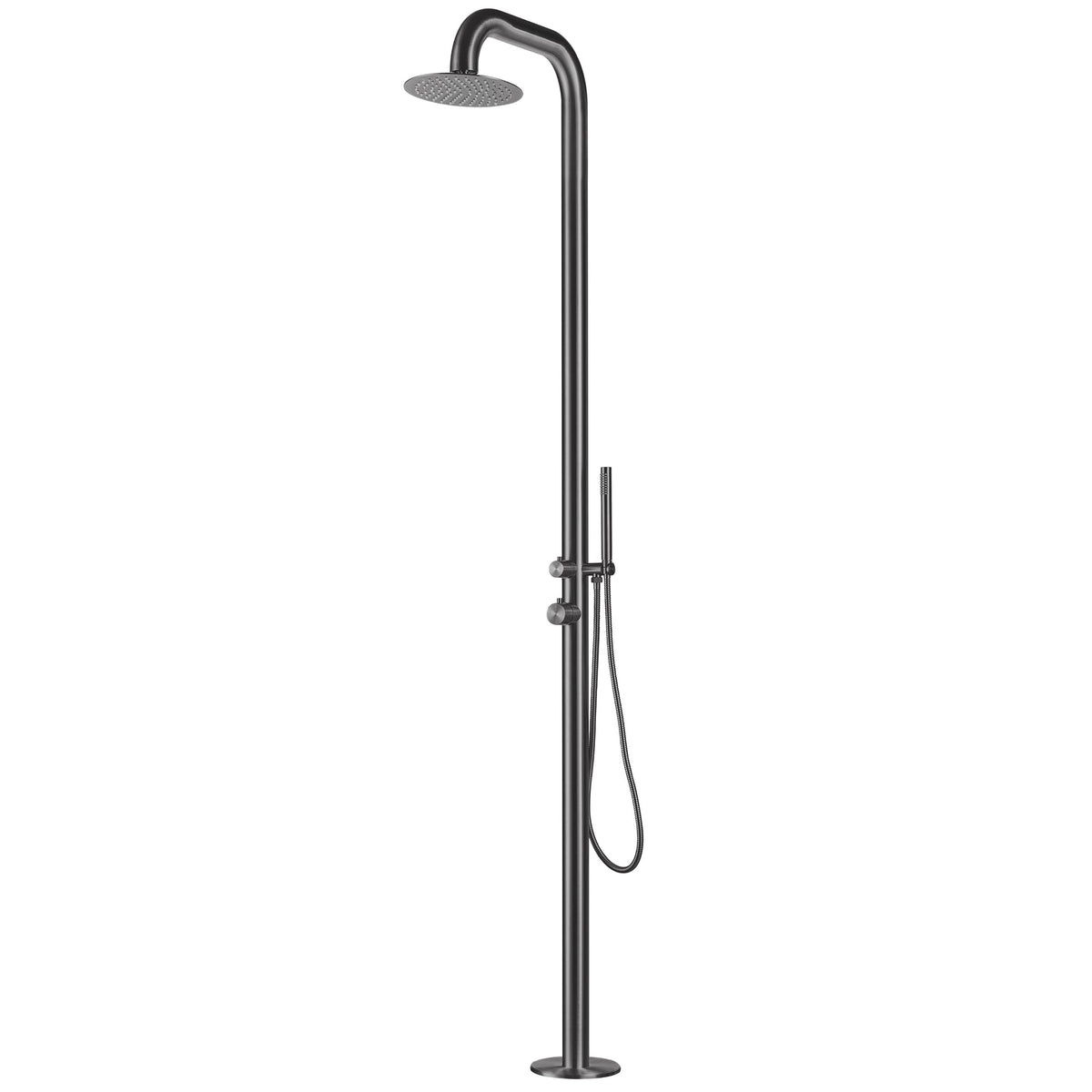 A freestanding outdoor shower with a stainless steel body and a handheld shower head, finished in grey.