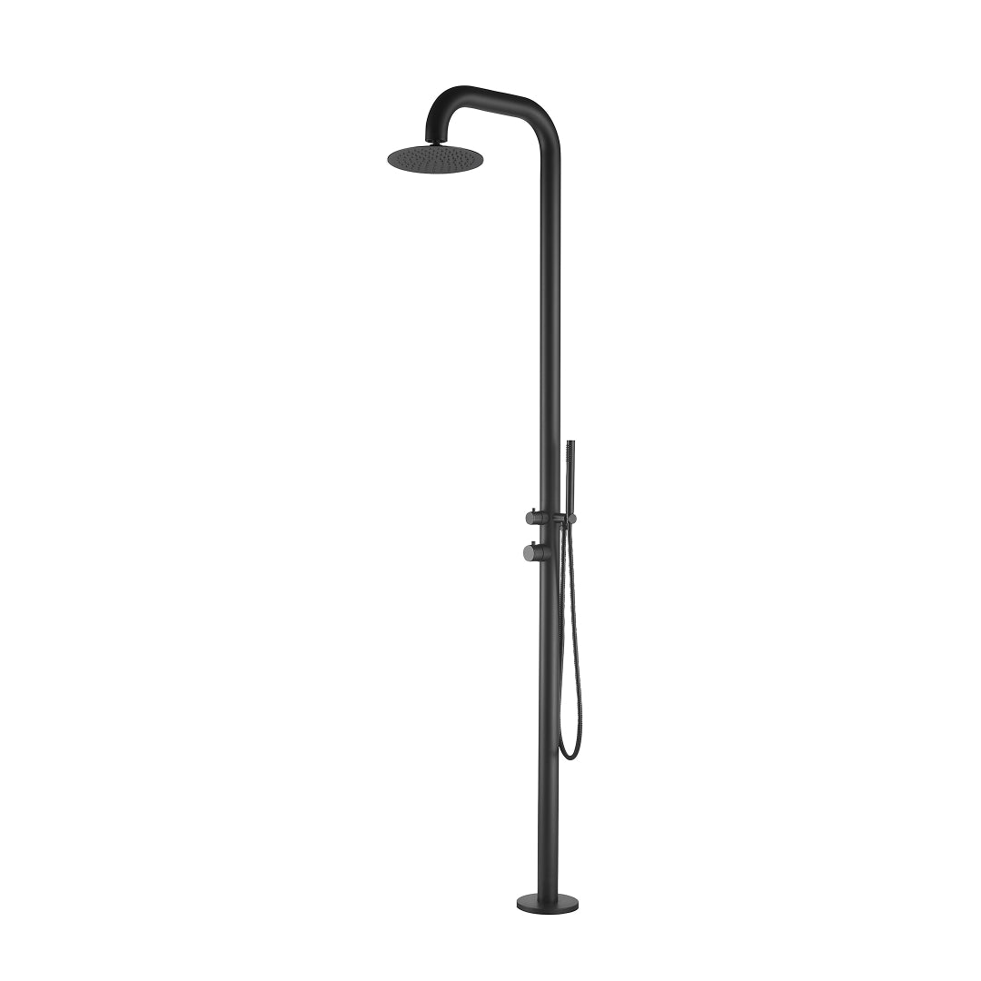 Black shower system with handheld showerhead and control handle on a white background