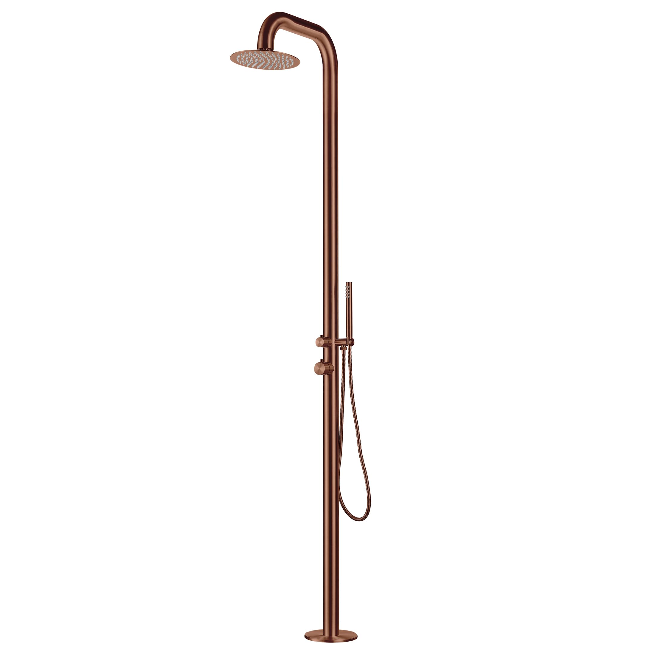 A freestanding outdoor shower with a stainless steel body and a rose gold finish, including a handheld shower head and a hose, set against a white background.