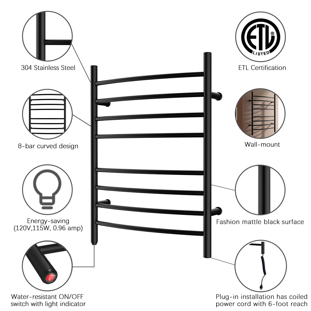 Towel Warmer 8 Curved Bar 24"x32" Plug-in, Wall-Mounted Matte Black