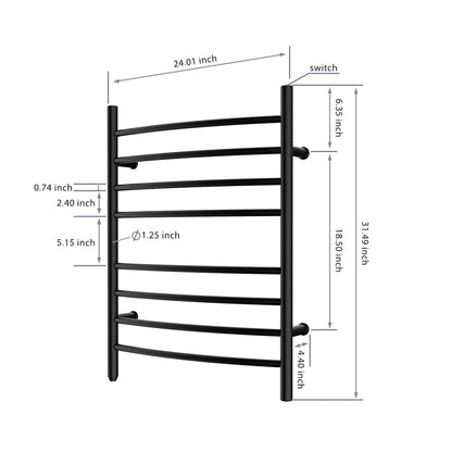 Towel Warmer 8 Curved Bar 24"x32" Plug-in, Wall-Mounted Matte Black