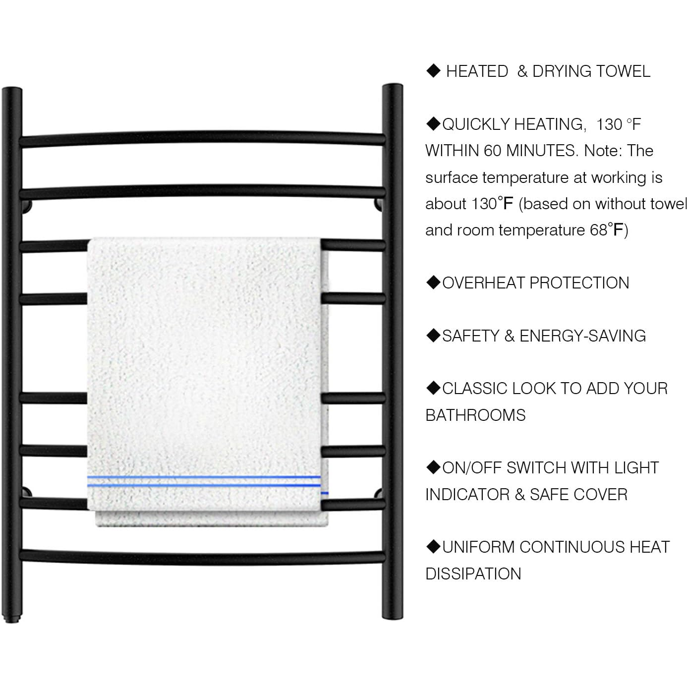 Towel Warmer 8 Curved Bar 24"x32" Plug-in, Wall-Mounted Matte Black