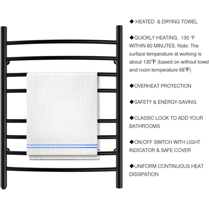 Towel Warmer 8 Curved Bar 24"x32" Plug-in, Wall-Mounted Matte Black