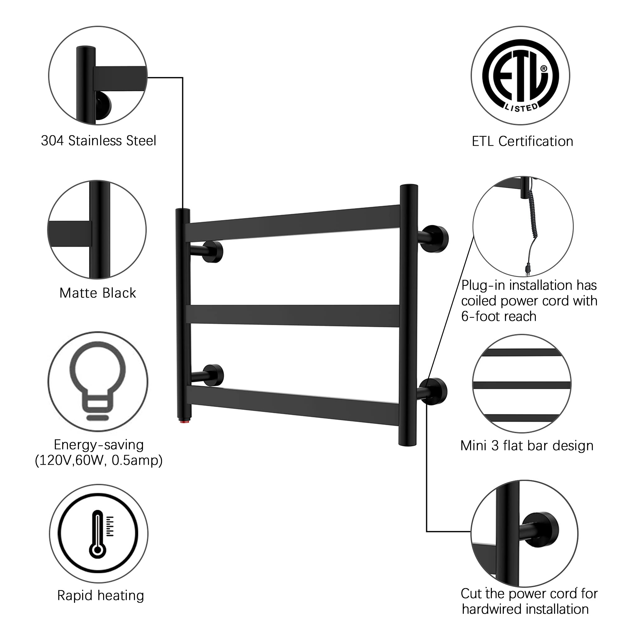 Towel Warmer 3 Flat Bar 24"x18" Wall-Mounted Hardwired/Plug-In Matte Black