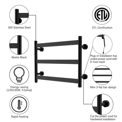 Towel Warmer 3 Flat Bar 24"x18" Wall-Mounted Hardwired/Plug-In Matte Black