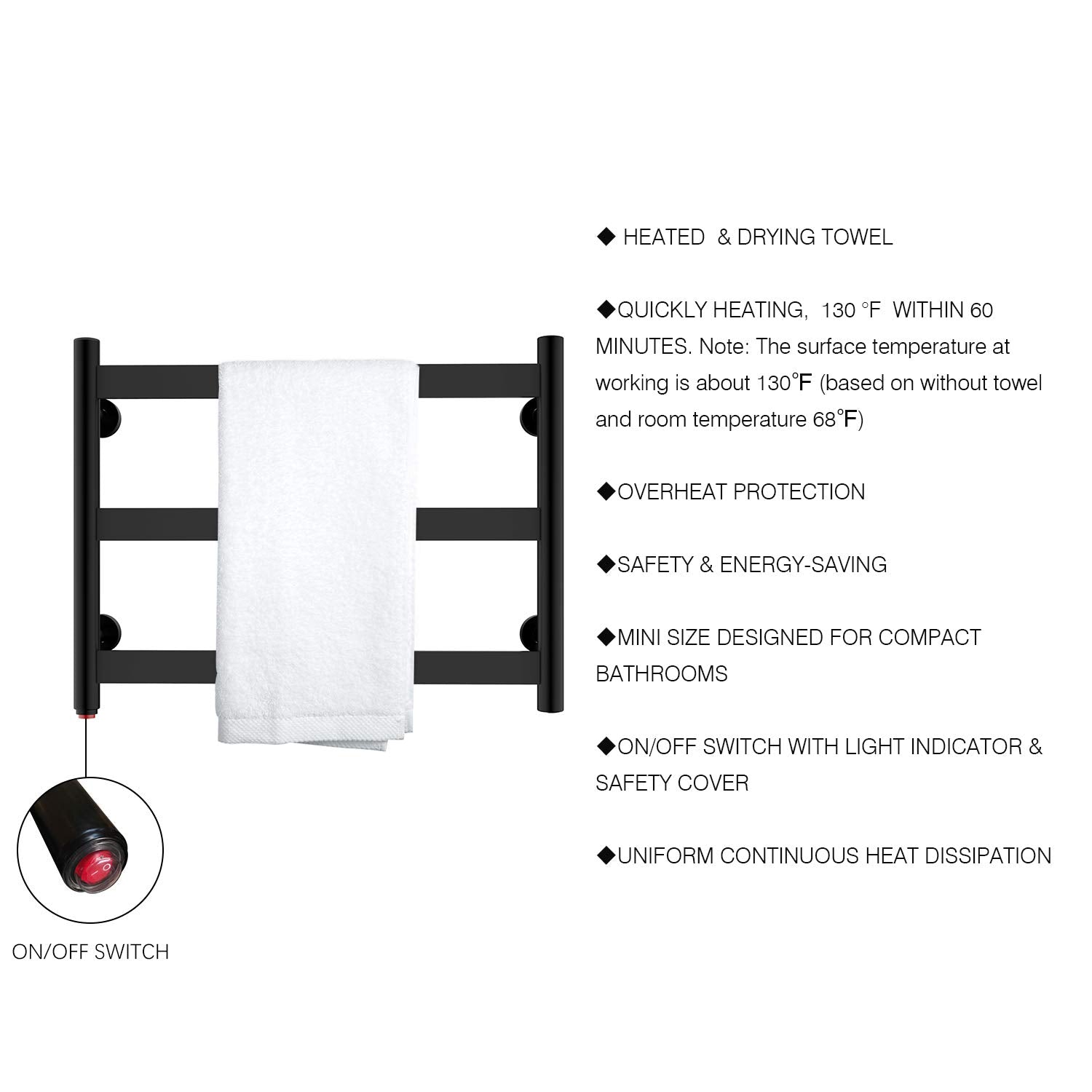 Towel Warmer 3 Flat Bar 24"x18" Wall-Mounted Hardwired/Plug-In Matte Black