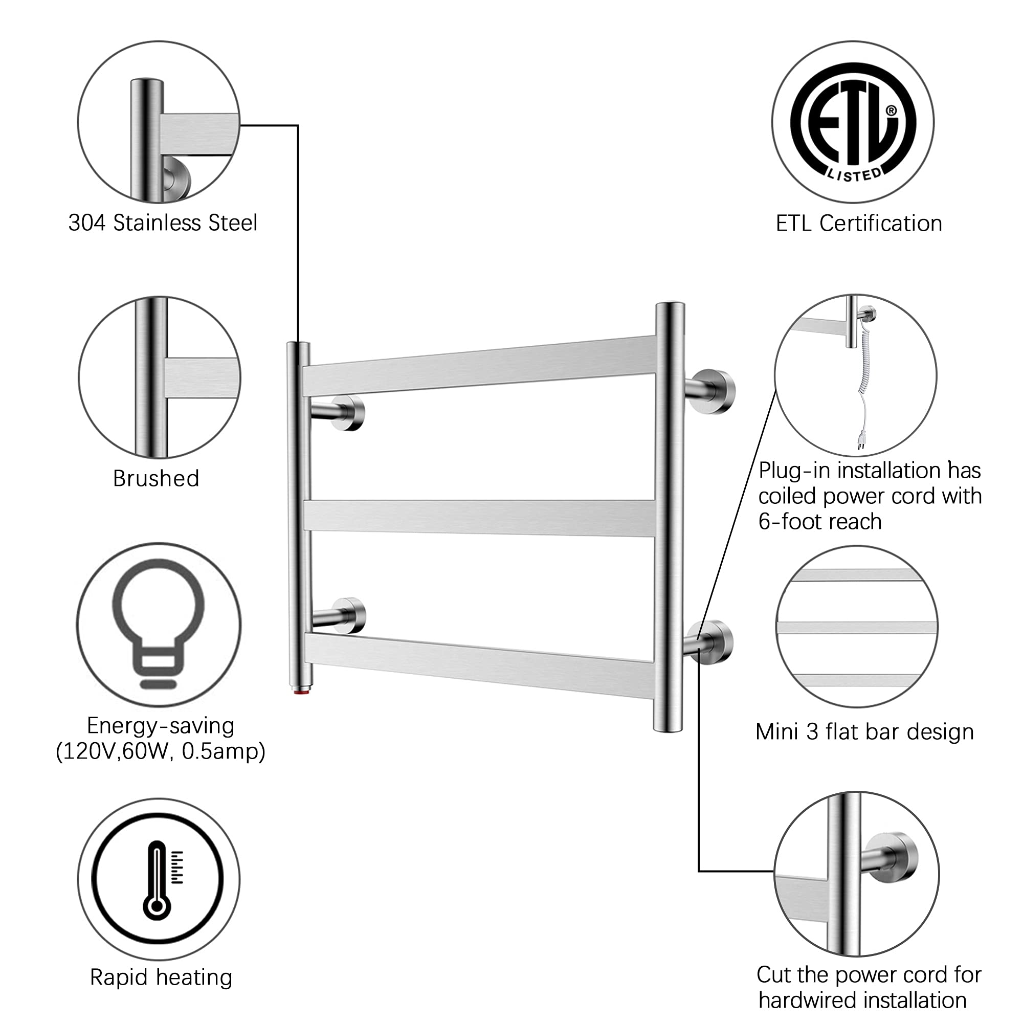 Towel Warmer 3 Flat Bar 24"x18" Wall-Mounted Hardwired/Plug-In Brushed Polish