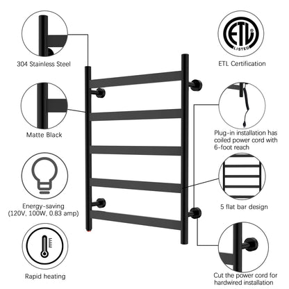 Towel Warmer 5 Flat Bar 24"x32" Wall-Mounted, Hardwired/Plug-In Matte Black