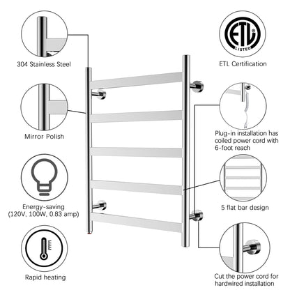 Towel Warmer 5 Flat Bar 24"x32" Wall-Mounted, Hardwired/Plug-In Mirror Polish