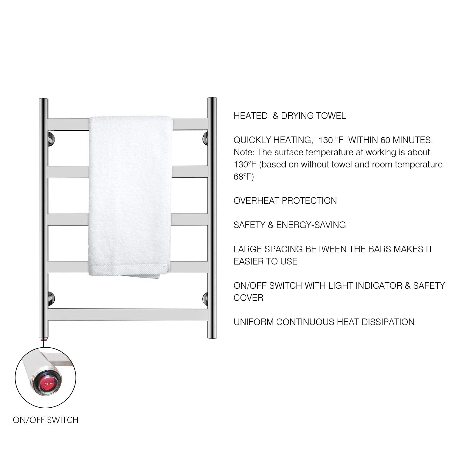 Towel Warmer 5 Flat Bar 24"x32" Wall-Mounted, Hardwired/Plug-In Mirror Polish