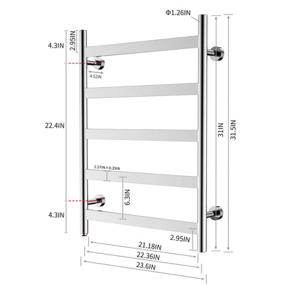 Towel Warmer 5 Flat Bar 24"x32" Wall-Mounted, Hardwired/Plug-In Mirror Polish