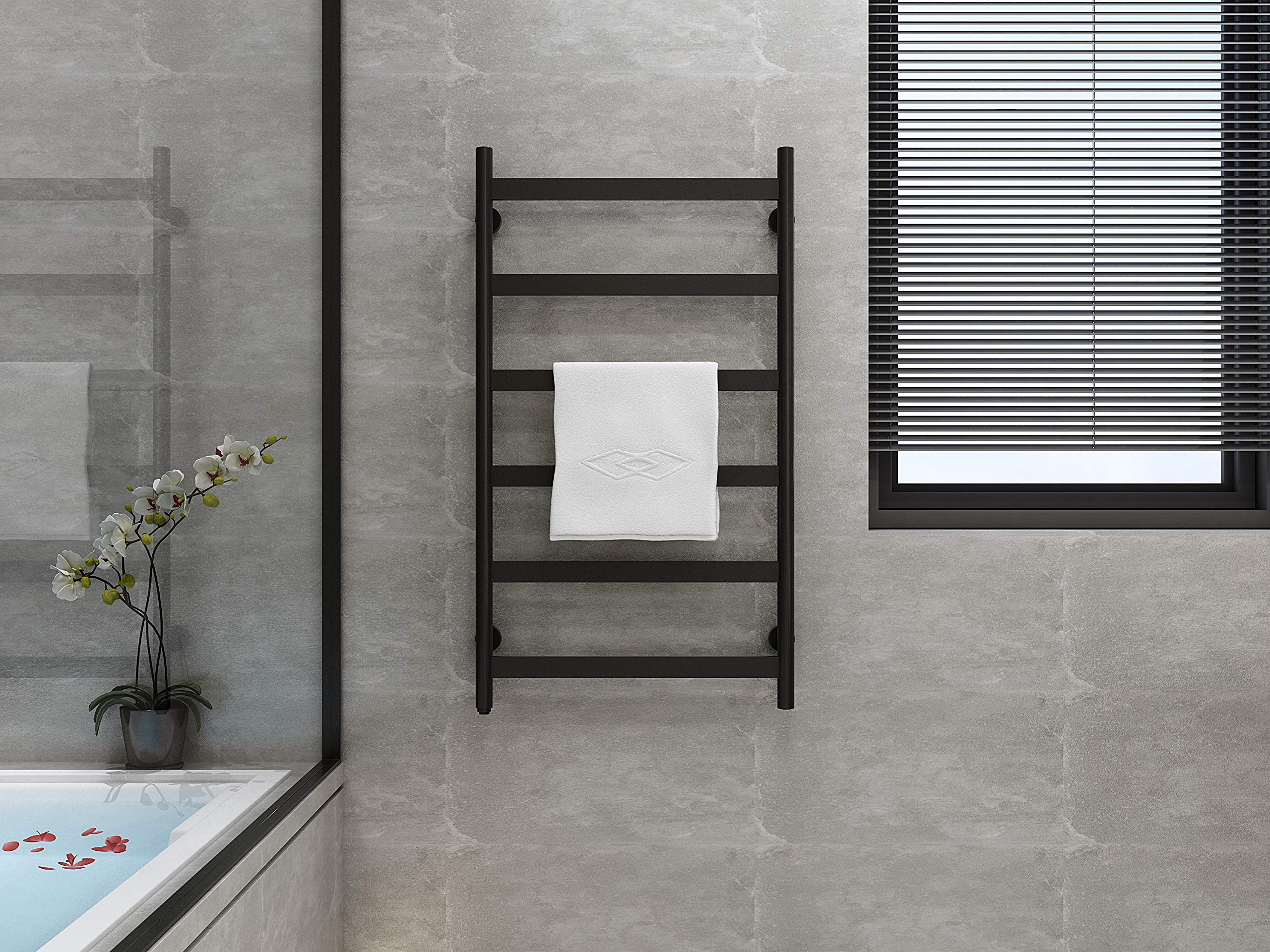 Towel Warmer 6 Flat Bar 24"x42" Wall-Mounted, Hardwired/Plug-In Matte Black