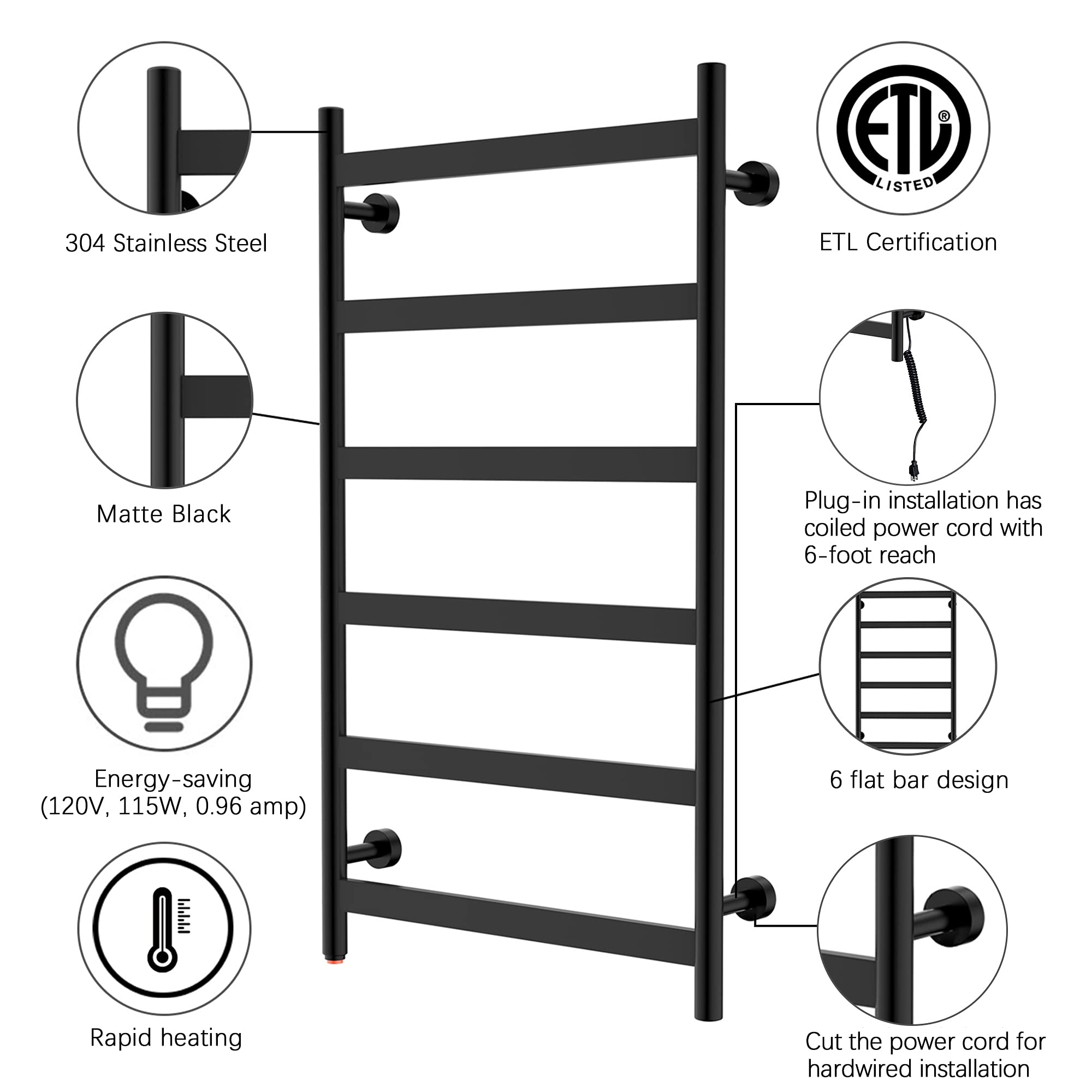 Towel Warmer 6 Flat Bar 24"x42" Wall-Mounted, Hardwired/Plug-In Matte Black