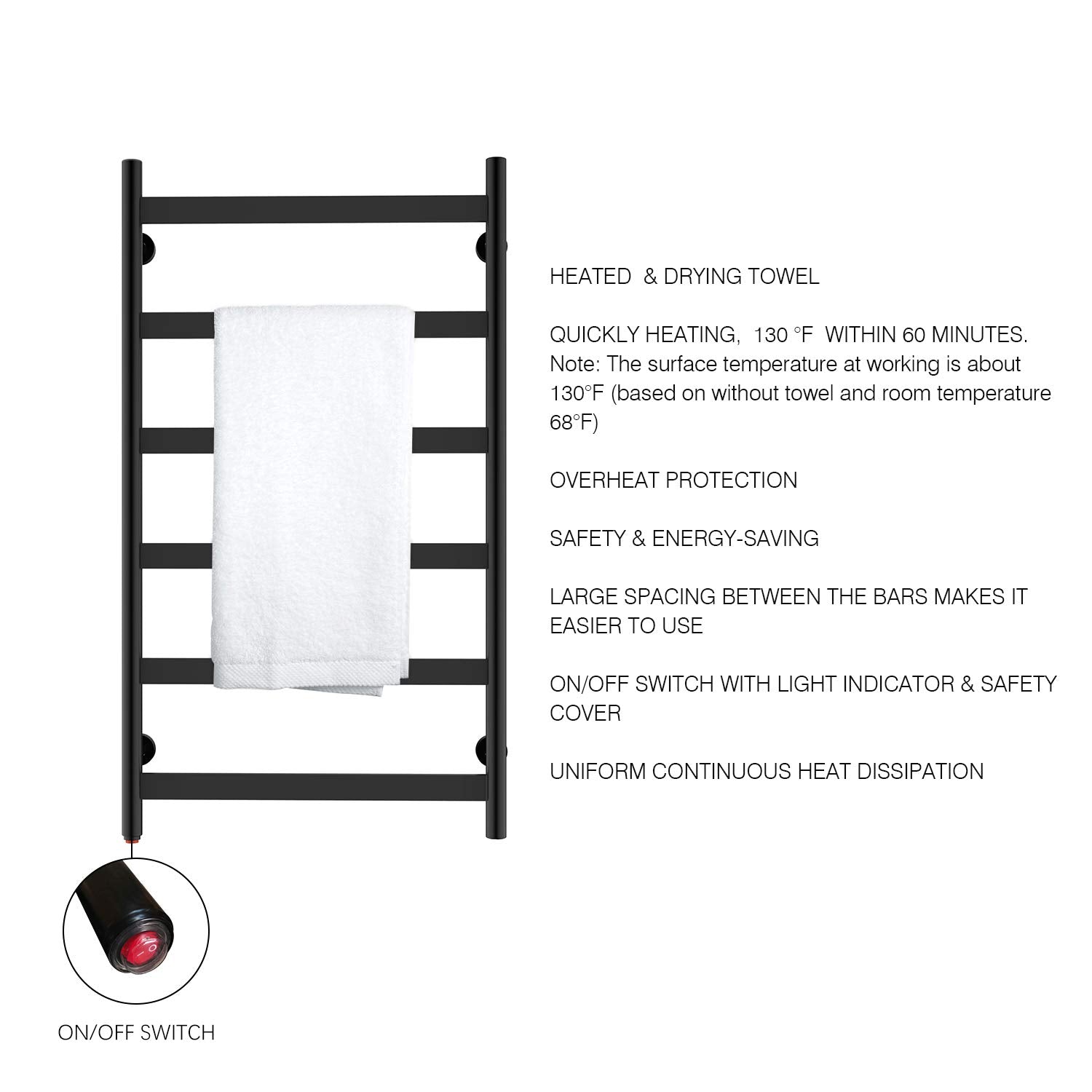 Towel Warmer 6 Flat Bar 24"x42" Wall-Mounted, Hardwired/Plug-In Matte Black