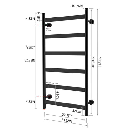 Towel Warmer 6 Flat Bar 24"x42" Wall-Mounted, Hardwired/Plug-In Matte Black