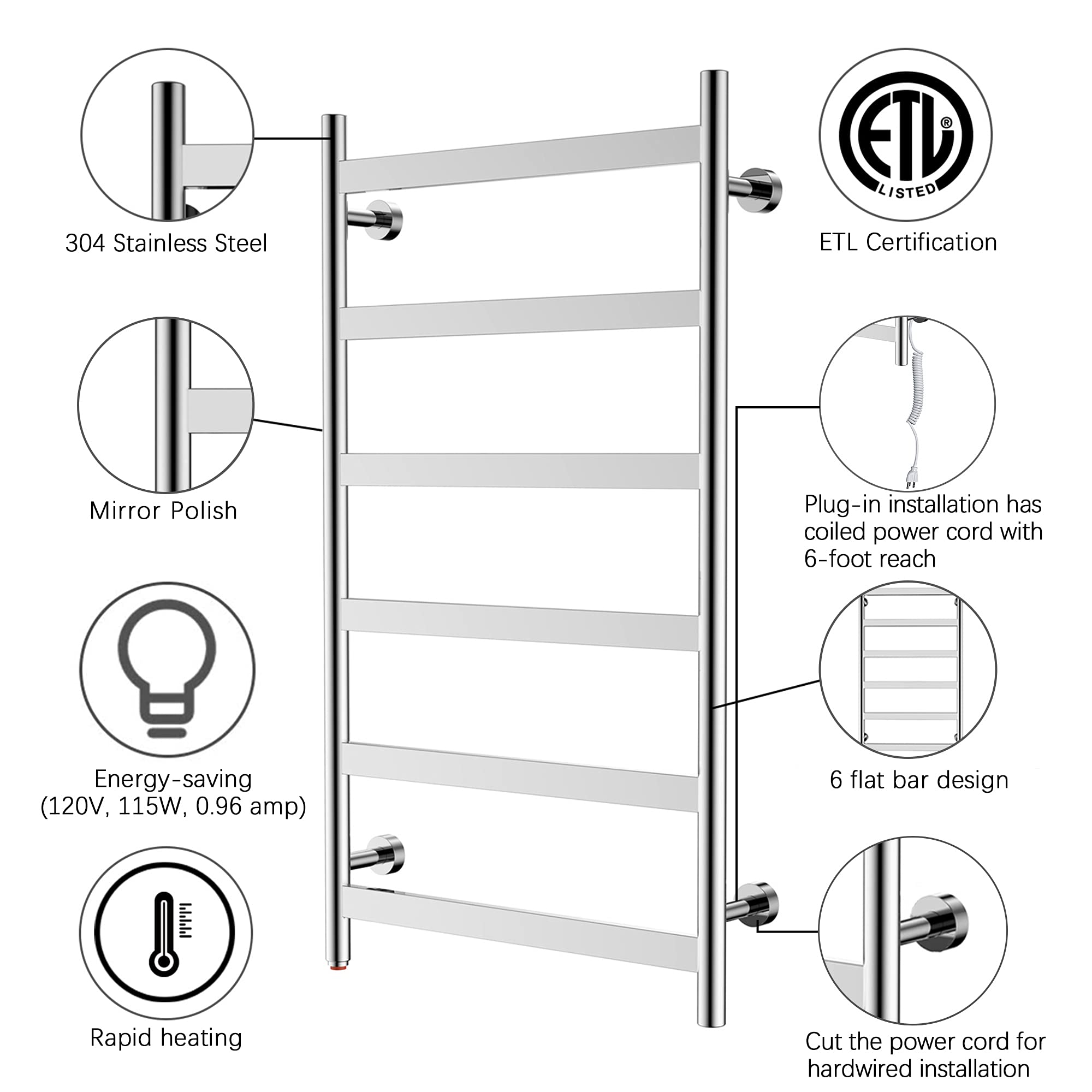 Towel Warmer 6 Flat Bar 24"x42" Wall-Mounted, Hardwired/Plug-In Mirror Polish