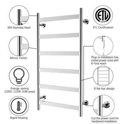 Towel Warmer 6 Flat Bar 24"x42" Wall-Mounted, Hardwired/Plug-In Mirror Polish