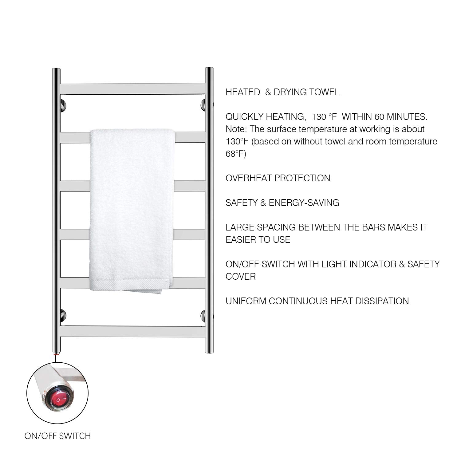 Towel Warmer 6 Flat Bar 24"x42" Wall-Mounted, Hardwired/Plug-In Mirror Polish