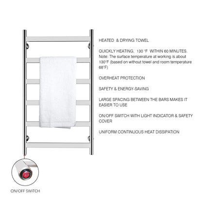 Towel Warmer 6 Flat Bar 24"x42" Wall-Mounted, Hardwired/Plug-In Mirror Polish