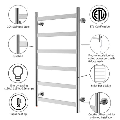 Towel Warmer 6 Flat Bar 24"x42" Wall-Mounted, Hardwired/Plug-In Brushed Polish