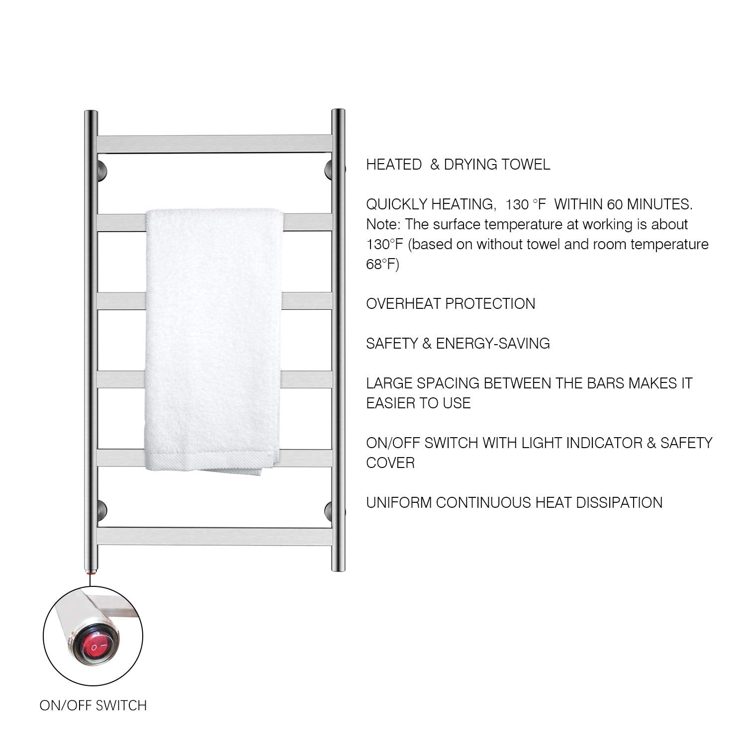 Towel Warmer 6 Flat Bar 24"x42" Wall-Mounted, Hardwired/Plug-In Brushed Polish