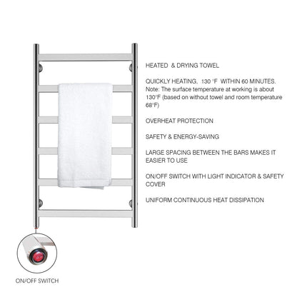 Towel Warmer 6 Flat Bar 24"x42" Wall-Mounted, Hardwired/Plug-In Brushed Polish