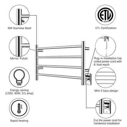 Towel Warmer 4 Straight Bar 26"x16" Wall-Mounted Plug-In, Hardwired Mirror Polish